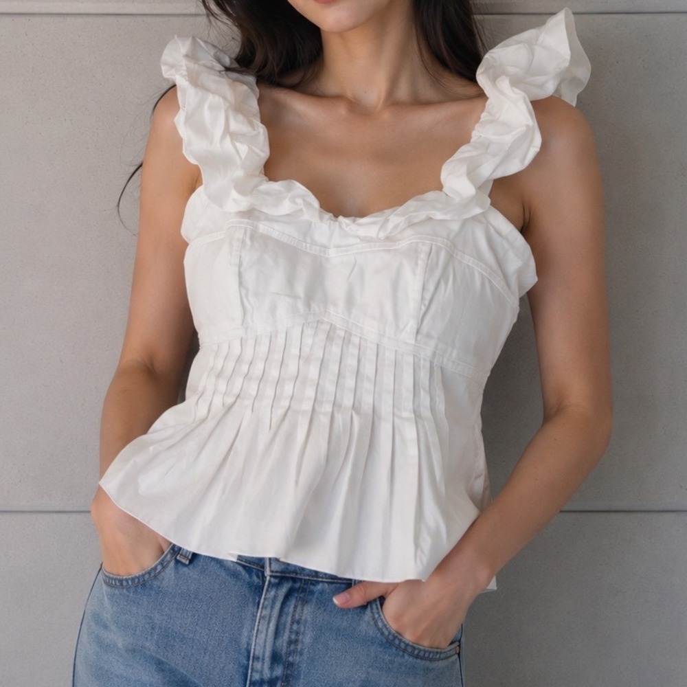 White House Black Market White Ruffled Strap Pleated Cotton Top